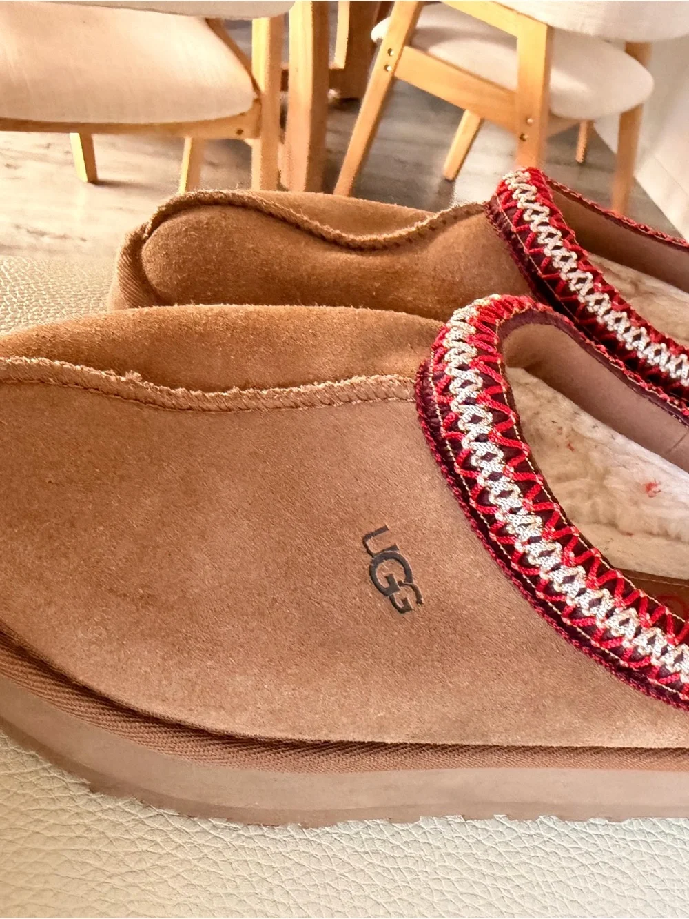 UGG Chestnut Brown Suede Slip-On Slippers with Red Braided Trim